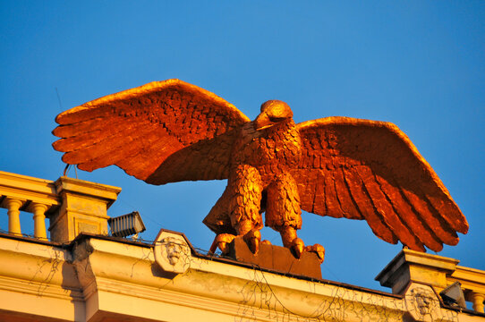 An eagle sculpture at the hotel in Bydgoszcz, Kuyavian-Pomeranian Voivodeship, Poland.