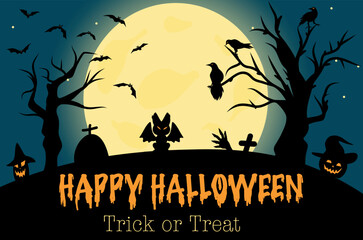 Vector illustration in dark blue and black colors night concept halloween invitation huge yellow moon bats crows ghosts trees graves crosses