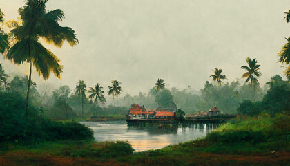 Kerala boat house palm trees landscape grass sky - obrazy, fototapety, plakaty