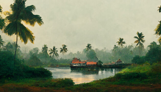 Kerala boat house palm trees landscape grass sky