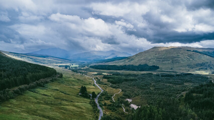 Drone shot of the West Highland Way in Scotland.