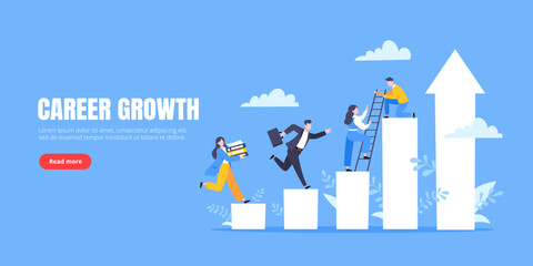 Fototapeta na wymiar Business mentor helps to improve career and holding stairs steps vector illustration. Mentorship, upskills, climb help and self development strategy flat style design business concept.