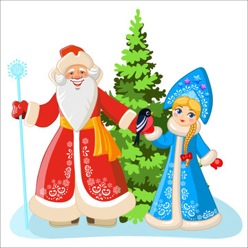 Russian Santa Claus and Snow Maiden in traditional winter clothes. Characters of vintage-style Christmas cards on the background of a Christmas tree.
