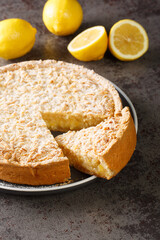 Streusel tart pie with lemon curd and powdered sugar close-up in a plate on the table. Vertical
