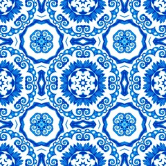 Blue white watercolor azulejos tile background. Seamless coastal geometric floral mosaic effect. Ornamental arabesque all over summer fashion damask repeat