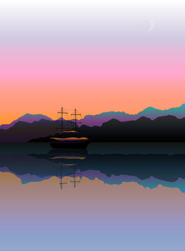 A ship sails on the sea at sunset against the backdrop of mountains. graphic illustration.