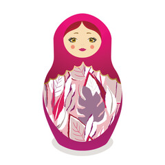Russian Matryoshka. Traditional Russian folklore dolls with big eyes and lips. Babushka doll with hohloma, traditional painted floral pattern. Hand drawn vector illustration