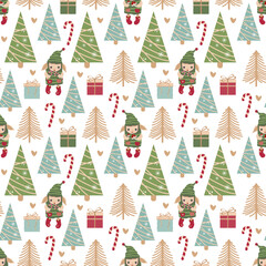 Geometric shaped Christmas trees decorated with garlands and toy balls, elf santa's helpers, gift boxes. Seamless pattern cartoon character. Vector cute illustration for gift paper, fabric, covers