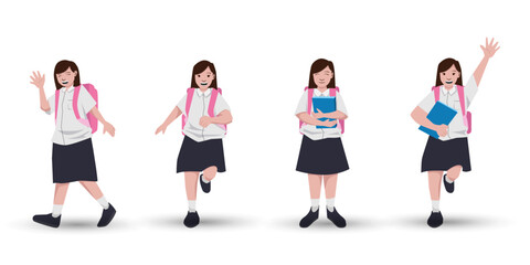 Fototapeta premium cute school girl wear black white uniform backpack. school girl cartoon