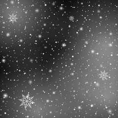 Xmas or New Year background with falling snowflakes isolated on black. Vector