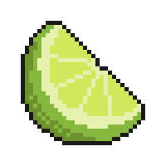 Obraz premium Pixel icon, sliced lime fruit, juicy citrus. Exotic lemon fruit. Harvesting of Citrus. Simple retro game vector isolated on white background