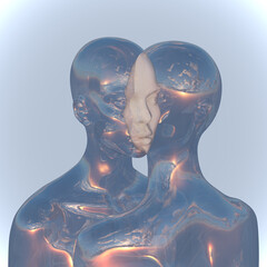 Abstract illustration from 3D rendering of 2 transparent glass figures intersecting each other faces on light grey background.
