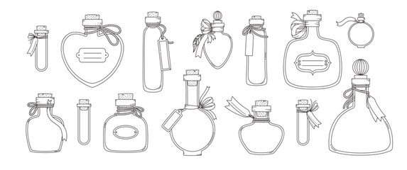 Set of empty hand drawn bottles with rope tied tag and cork on white background. Isolated doodle vector illustration of vials, jars, flasks in retro style.
