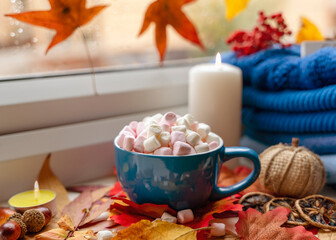 a blue marshmallow cup on autumn leaves with an blue scarf a candle a cone acornes pumpkin on the windowsill in rainy weather