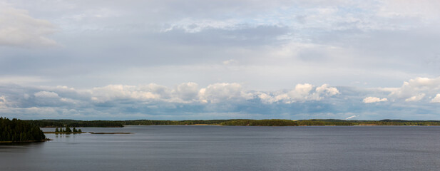 Finnish lake landscape panorama of Urajarvi in Iitti, Finland on summer
