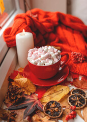 a red marshmallow cup with a saucer on autumn leaves with an orange scarf a candle a cone anice on the windowsill in rainy weather
