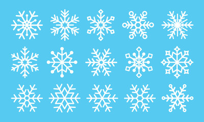 Snowflake icons set. White snowflake symbols on blue background. Snow icon. Vector illustrator