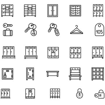 Locker Room Flat Line Icons Set. Gym, School Lockers, Automatic Left-luggage Office, Key Tag Vector Illustrations. Outline Pictogram Personal Belongings Storage.