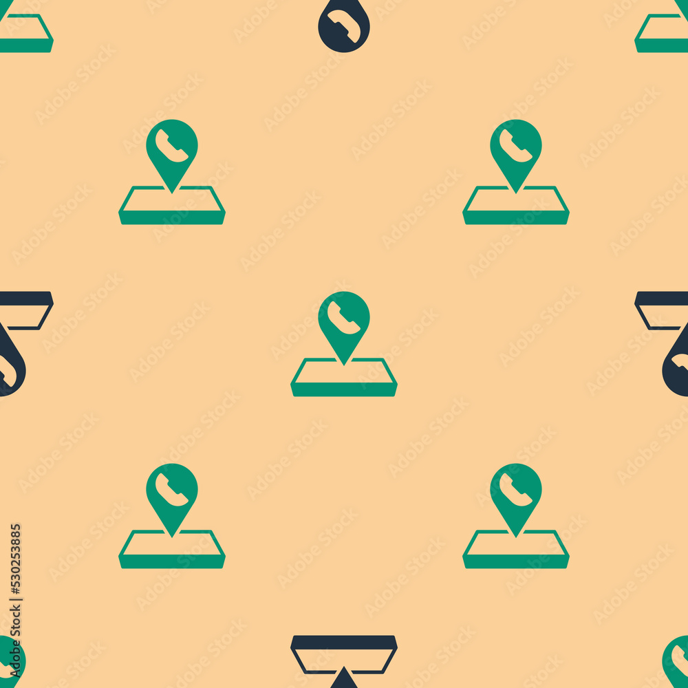 Poster green and black map pointer with telephone or communication icon isolated seamless pattern on beige 