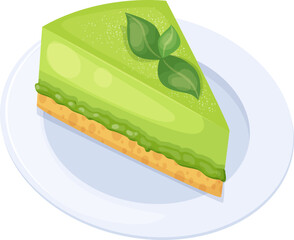 Piece of green cheesecake with matcha leaves on plate.