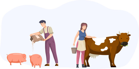 Man and woman farmers feeding pigs and milking cow set. Workers fattening taking care of farm animals. Agricultural animals breeding, animal husbandry