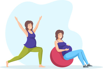 Pregnant woman exercising with fitball and doing yoga. Girl in sportswear doing fitness exercise and practicing yoga asana set. Sports and healthy lifestyle during pregnancy