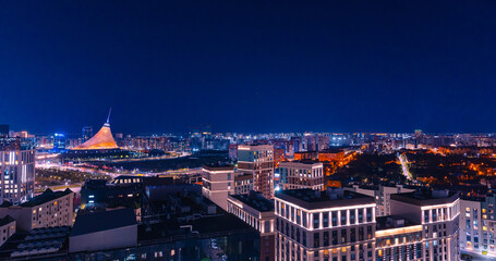 Night city panorama Nur-Sultan Kazakhstan Astana, Aerial view