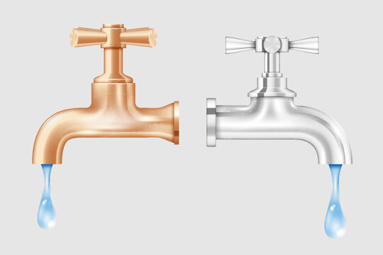 Set of retro water tap with blue drop. Vintage bronze and chrome faucet with dripping water isolated