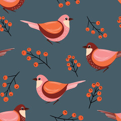 Seamless pattern with funny colorful birds, flowers, leaves and berries. Color flat vector illustration with little cartoon bird. Cute characters. Design for invitation, poster, card, textile, fabric