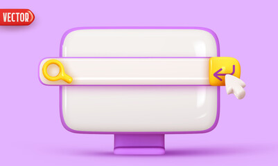Search bar template for website in computer. Navigation search for browser. Realistic 3d monitor pc. Lilac colors background. Web page Creative concept design in cartoon style. vector illustration - obrazy, fototapety, plakaty
