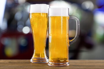 Cold glasses of beer in a bar, drink concept