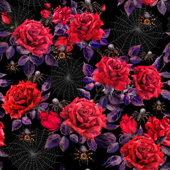 Red roses, spiders, web on black background. Halloween creepy seamless pattern. Watercolor scary backdrop design with gothic flowers