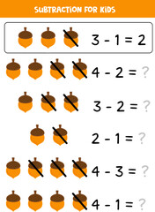 Subtraction with autumn acorn. Educational math game for kids.