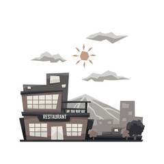 Unique and simple building illustration style for apps interface or games, restaurant with mountain view