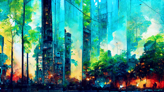 Solarpunk Eco Skyline In A Green Future