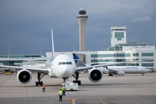 An Air France Boeing 777 prepares to taxi to the runway after pushback at Denver International Airport - Denver, Colorado, USA