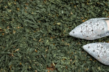 a pair of women's white shoes on the grass are very elegant