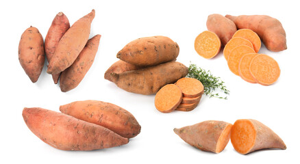 Fototapeta na wymiar Set with whole and cut ripe sweet potatoes on white background