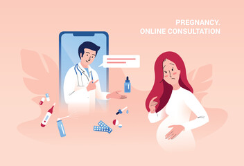 Worried pregnant young woman holding hand on her belly and communicating with doctor on web. Telemedicine, pregnancy, expecting baby and healthcare concept. Vector illustration.