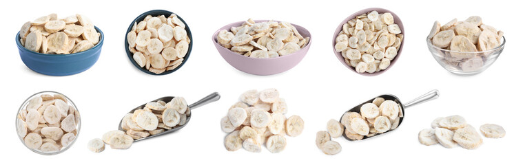 Set with freeze dried bananas on white background. Banner design