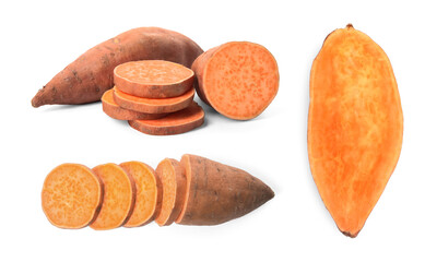 Set with whole and cut ripe sweet potatoes on white background