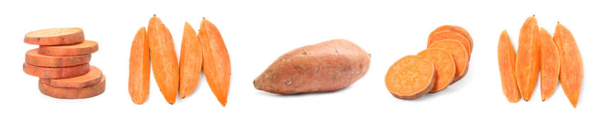 Set with whole and cut ripe sweet potatoes on white background. Banner design