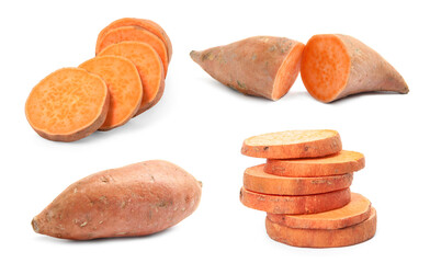 Set with whole and cut ripe sweet potatoes on white background