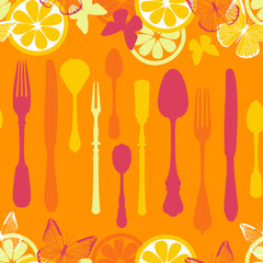 .Seamless pattern with cutlery silhouettes, butterflies and citrus fruits in warm colors. Vector design.