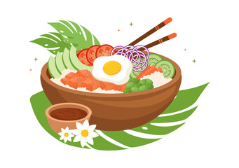 Hawaiian Dish Poke Bowl Food Template Hand Drawn Cartoon Flat Illustration with Rice, Tuna, Fresh Fish, Egg and Vegetables Design