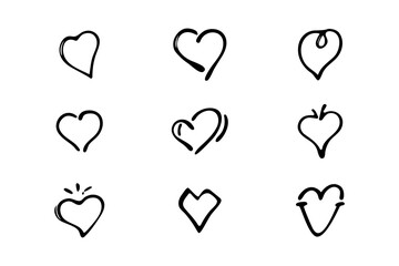 Set of nine hand drawn heart. Handdrawn rough marker hearts isolated on white background. Suitable for your graphic design