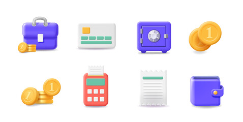 Financial icons. 3d vector set. Money, bill, safe, cash. Paying symbols, exchange interface, e-money wallet.