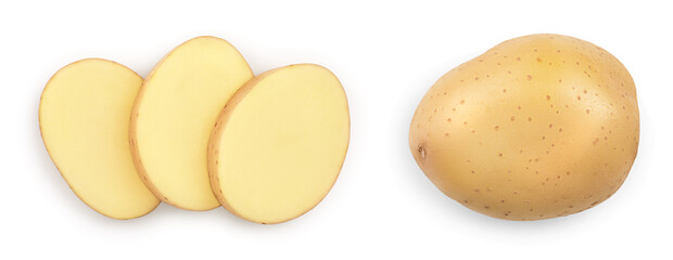 Young slice potato isolated on white background. Harvest new. Top view. Flat lay