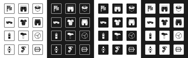 Set Bicycle helmet, Cycling t-shirt, shoes, Checkered flag, shorts, wheel and Sport bottle with water icon. Vector - obrazy, fototapety, plakaty