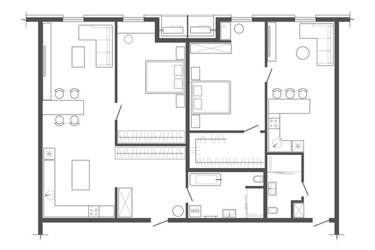 Linear architectural section plane part - two one-bedroom flats in apartment building on white background